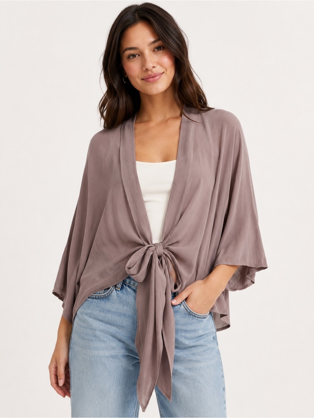 SAGE THE LABEL Tie-Front Top Cropped Kimono Top - Dusty Mauve - Medium